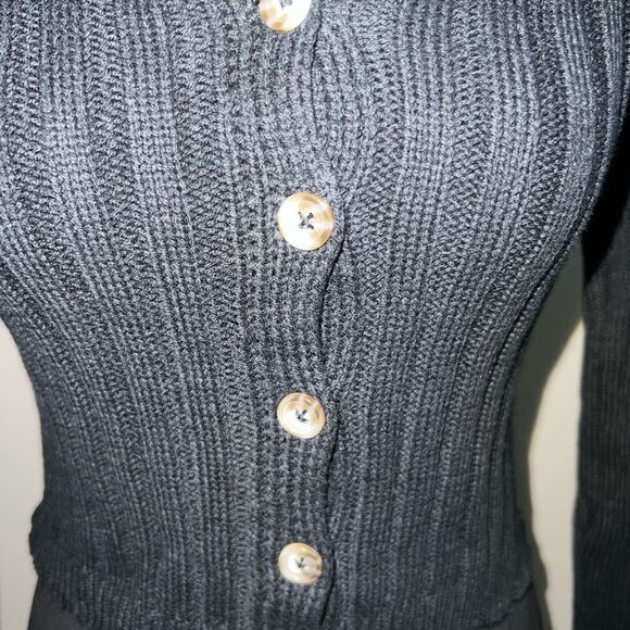 Black Cardigan Sweater with V-Neck and Long Sleeves - Picture 2 of 5